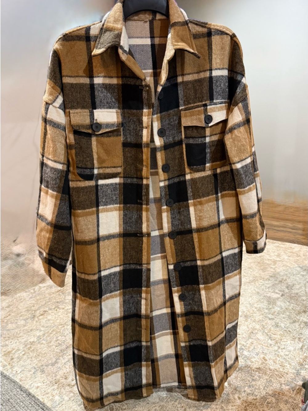SHEIN Brown Black Cream Plaid Button-Front Shacket